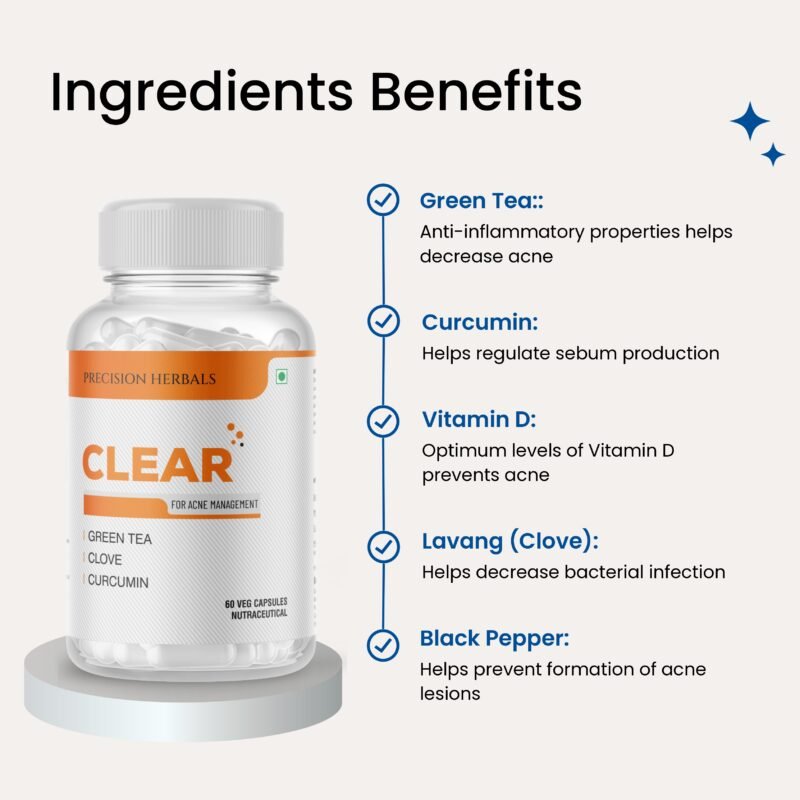 Clear | Acne management | Herbal Formulation | Reduces Acne | Prevents Oily skin | 60 Vegetarian Capsules - Image 4