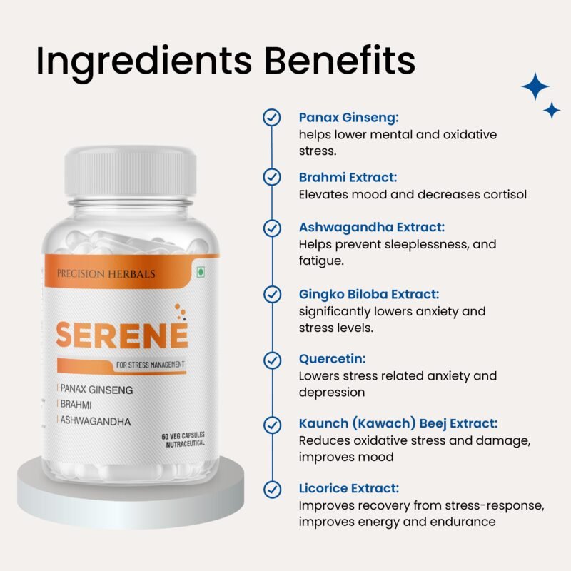 Serene | Stress Management | Herbal Formula | Non-habit forming | Reduces stress and anxiety | Improves mood | 60 vegetarian capsules - Image 4