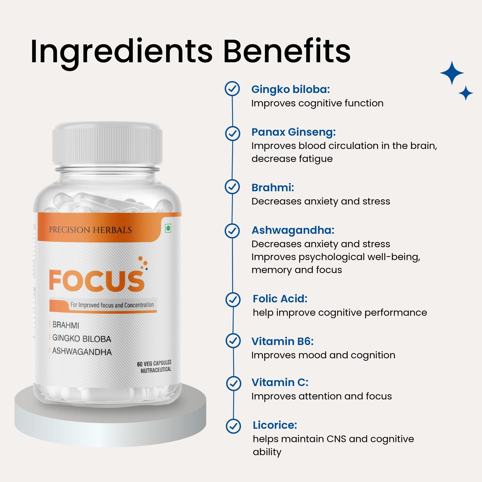 Focus | Enhance mental Focus and Clarity | Boost cognitive performance | Reduce brain fog | Ginkgo Biloba, Brahmi, Panax Ginseng, Curcumin with essential vitamins | 60 Vegetarian Capsules - Image 4