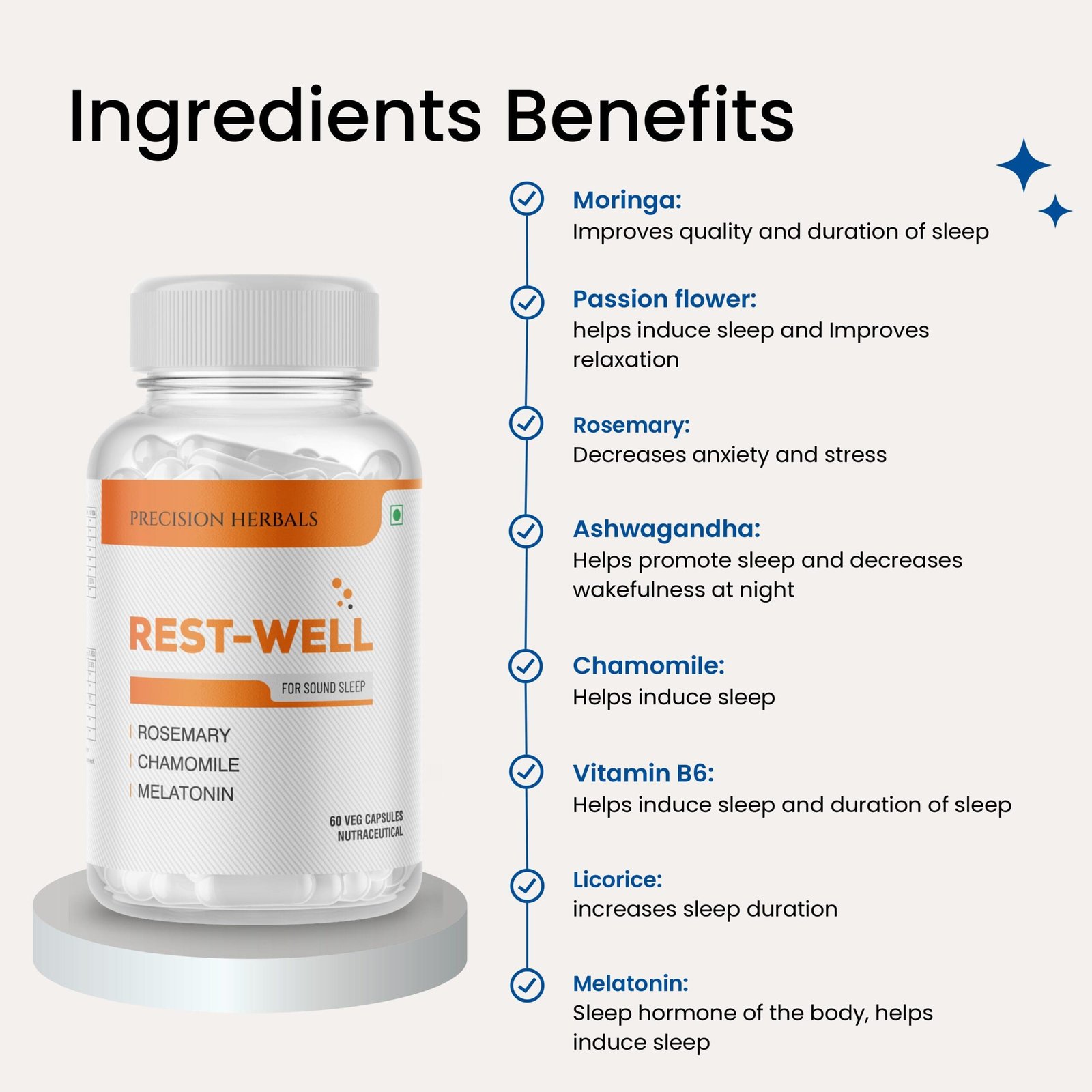 Rest well | Improves sleep | Enhances relaxation and calmness | Supports Natural sleep cycle | Non-habit forming | Reduces anxiety and stress | with Melatonin, Passion flower, Chamomile, Ashwagandha, Rosemary | 60 Vegetarian Capsules - Image 4