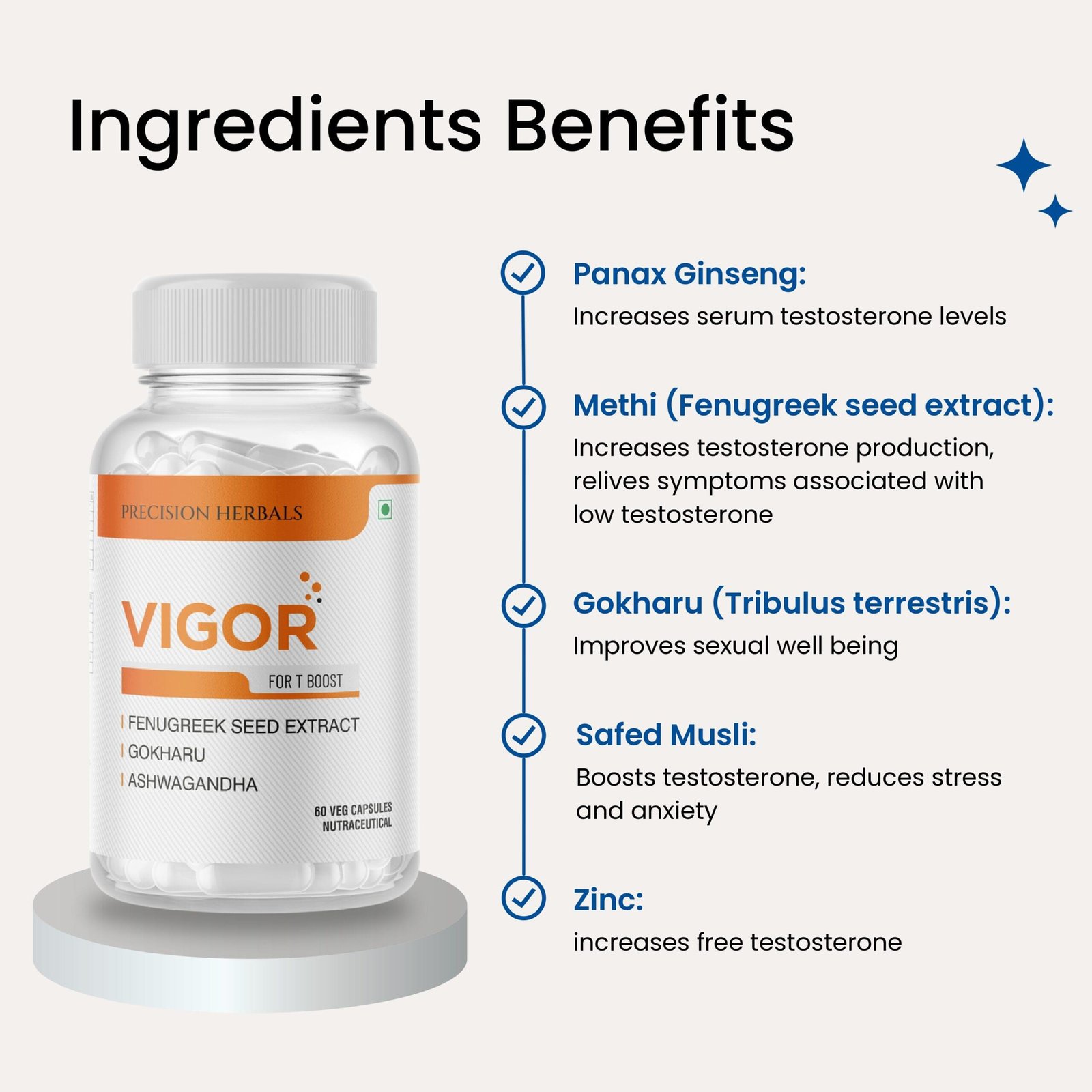 Vigor | Natural Testosterone Booster for Men | With Panax Ginseng, Ashwagandha, Safed Musli, Fenugreek & Zinc | Boost Strength, Stamina & Muscle Growth | Enhance Energy & Performance | 60 Vegetarian Capsules - Image 4