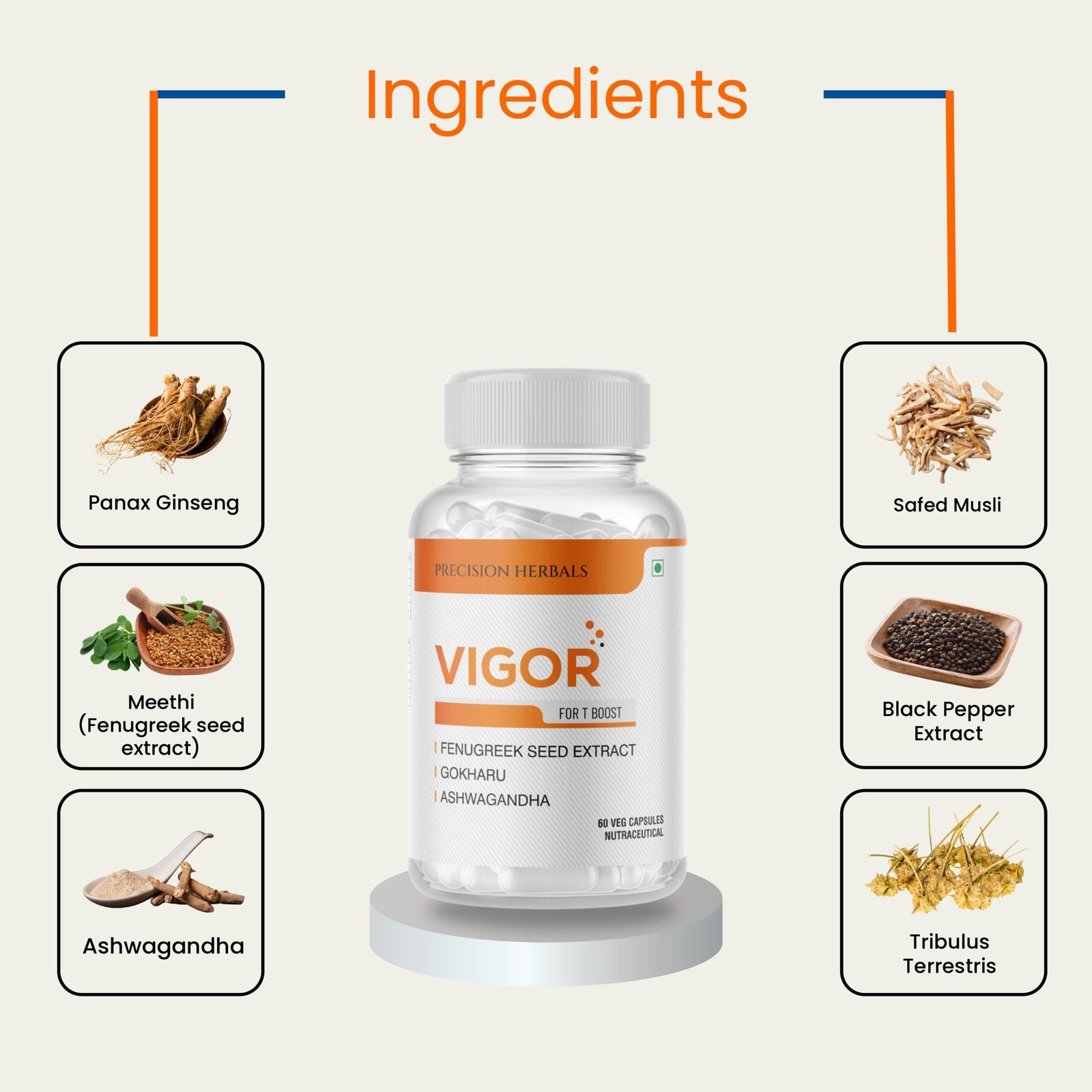 Vigor | Natural Testosterone Booster for Men | With Panax Ginseng, Ashwagandha, Safed Musli, Fenugreek & Zinc | Boost Strength, Stamina & Muscle Growth | Enhance Energy & Performance | 60 Vegetarian Capsules - Image 5